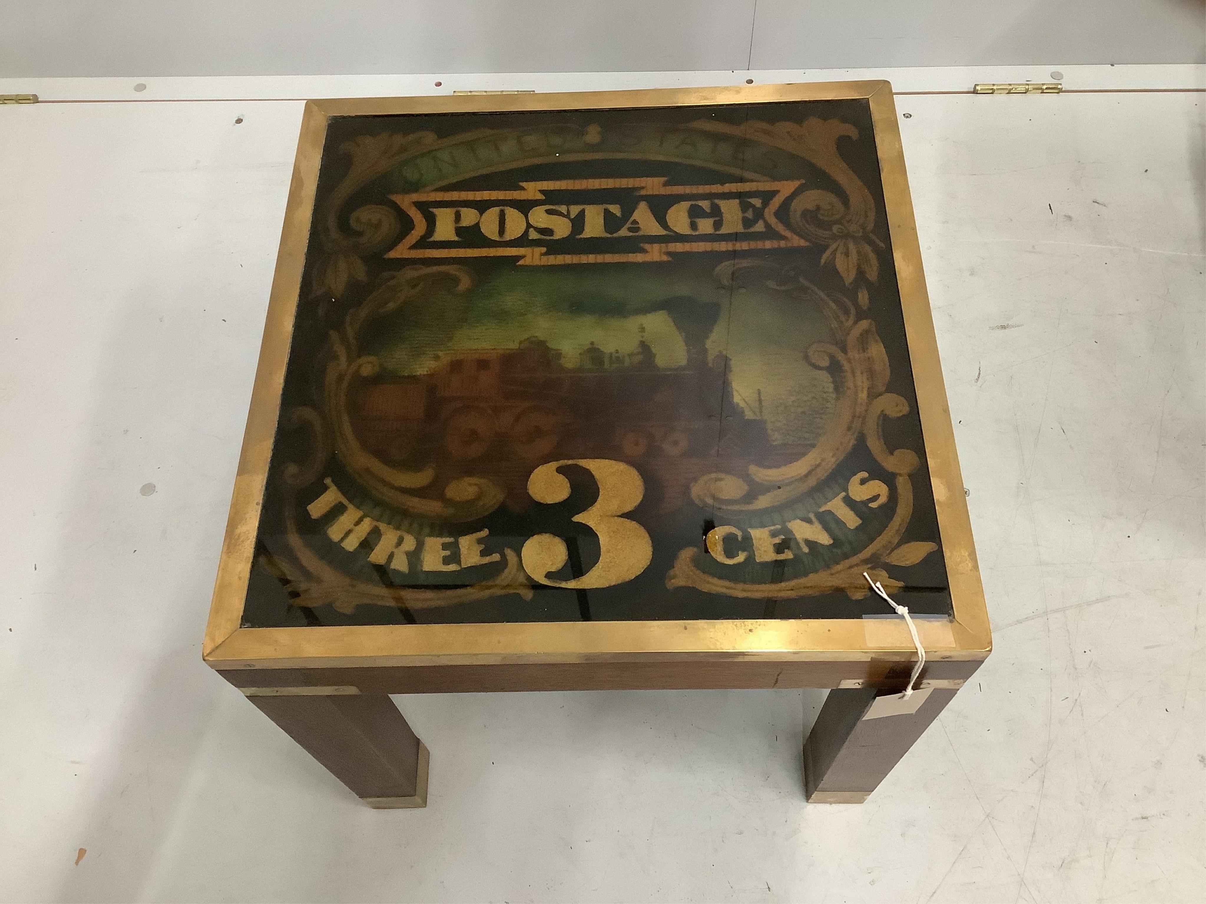 A pair of reproduction military style brass mounted square occasional tables with printed U.S. postage stamp tops, width 45cm, height 43cm. Condition - good